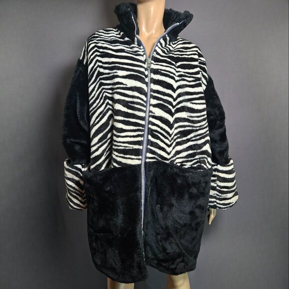 Vintage 80s Faux Fur Coat Black Zebra Print Size L Oversized Gender Neutral - Picture 1 of 16